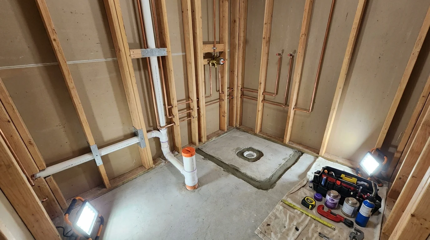 Bathroom rough-in plumbing during remodel by Johns Plumbing LLC in Beloit