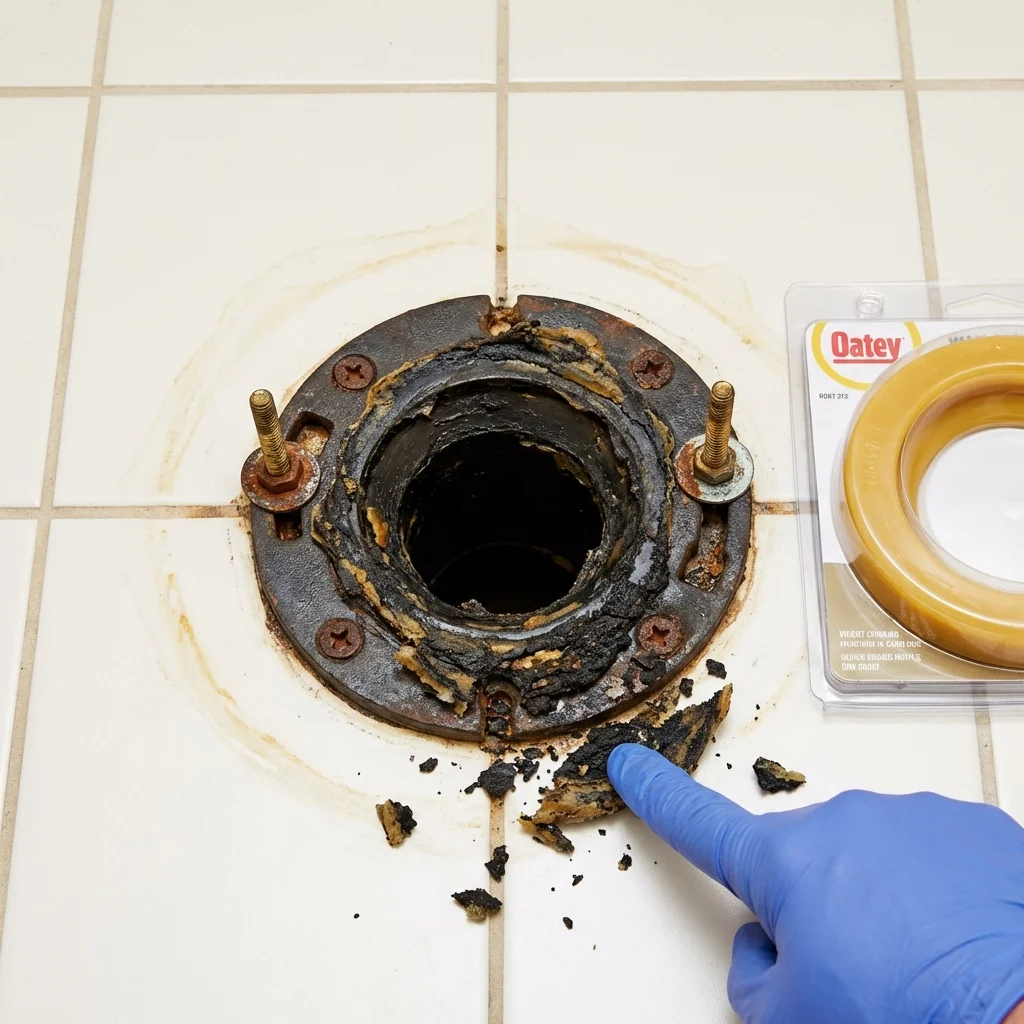 Failed wax ring showing water seepage at the base of a toilet in a Beloit, WI home