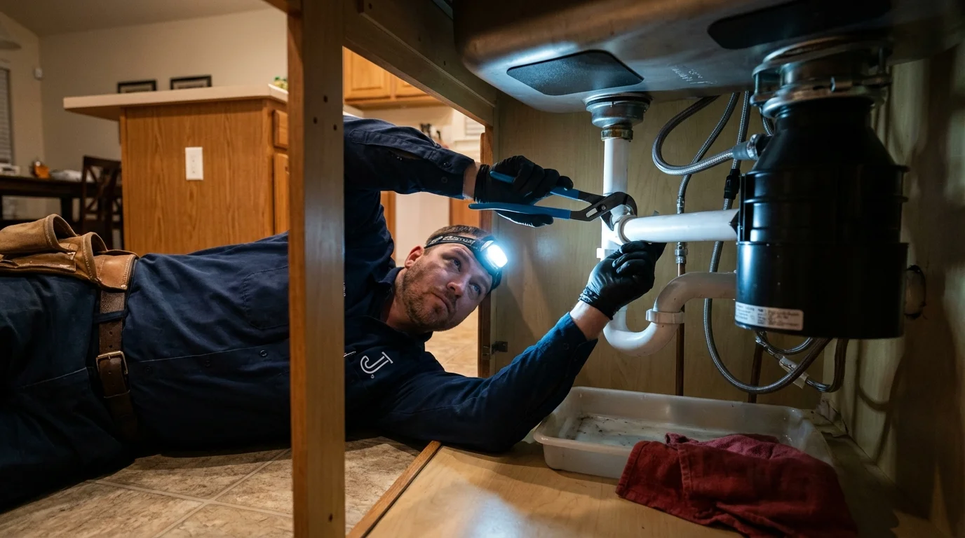 P-trap and supply line connections under a kitchen sink showing a common leak point in Beloit, WI